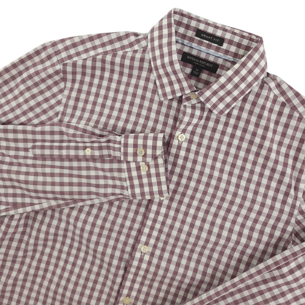 Banana Republic Dress Shirt Mens 15.5 34/35 Red Gingham Slim Fit Non Iron Cotton